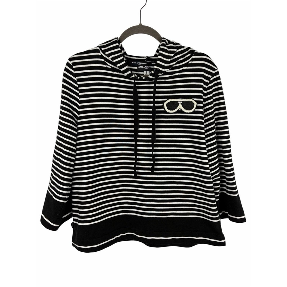 Karl Lagerfeld Paris Striped Hoodie Medium Black White Sunglasses Patch Pullover